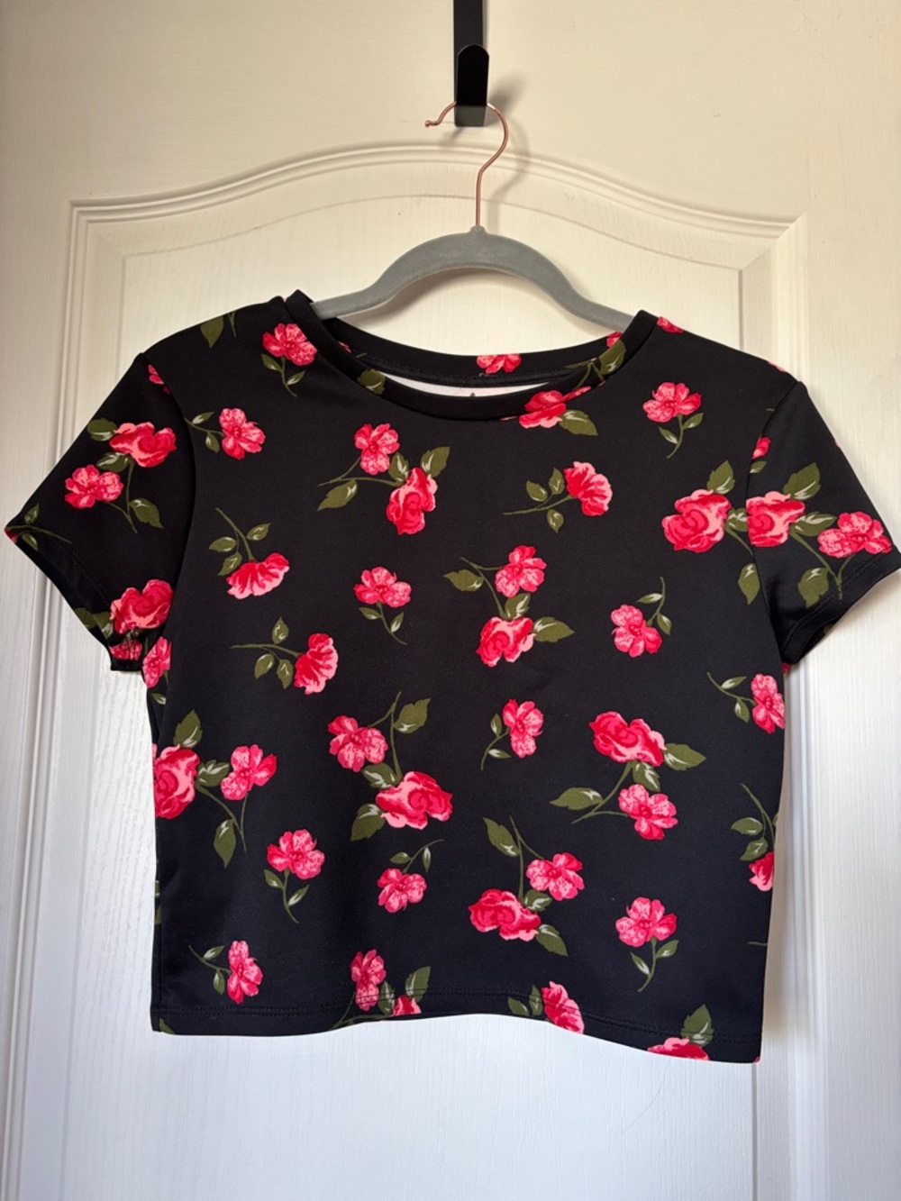 Joe Boxer Black Crop Top with Pink Rose Print